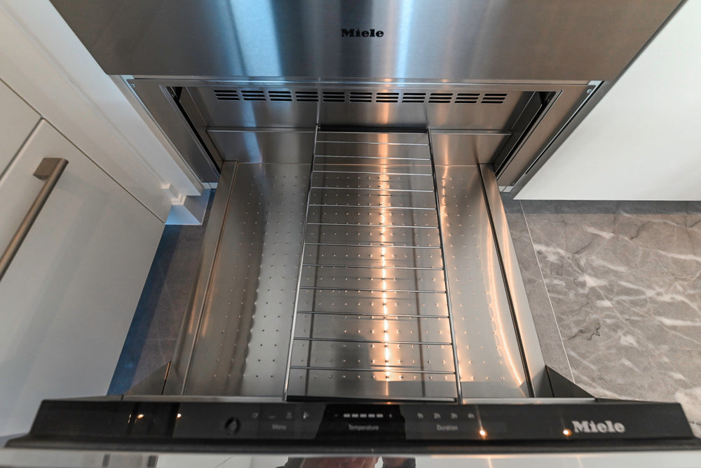 Aran Cucine Modern Glossy White Kitchen with Island, Marble Countertops & Miele Appliances