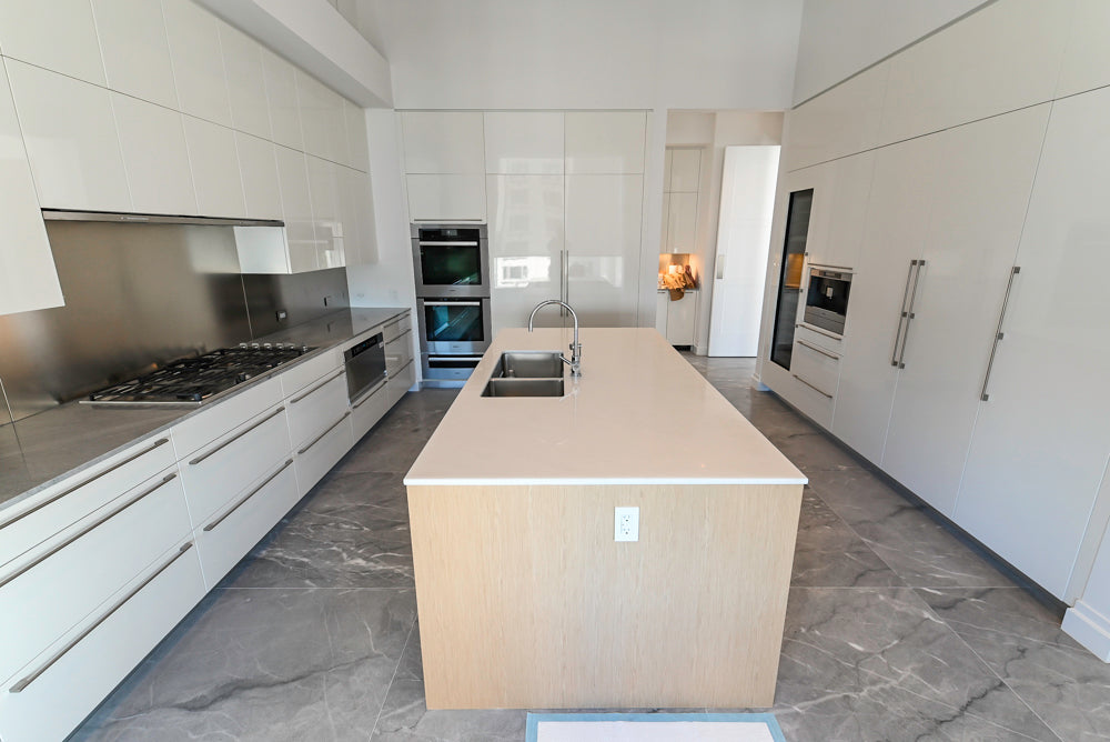 Modern Glossy White Kitchen with Island, Marble Countertops & Miele Appliances
