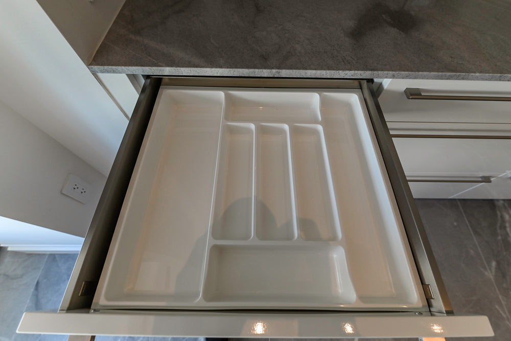 Aran Cucine Modern Glossy White Kitchen with Island, Marble Countertops & Miele Appliances