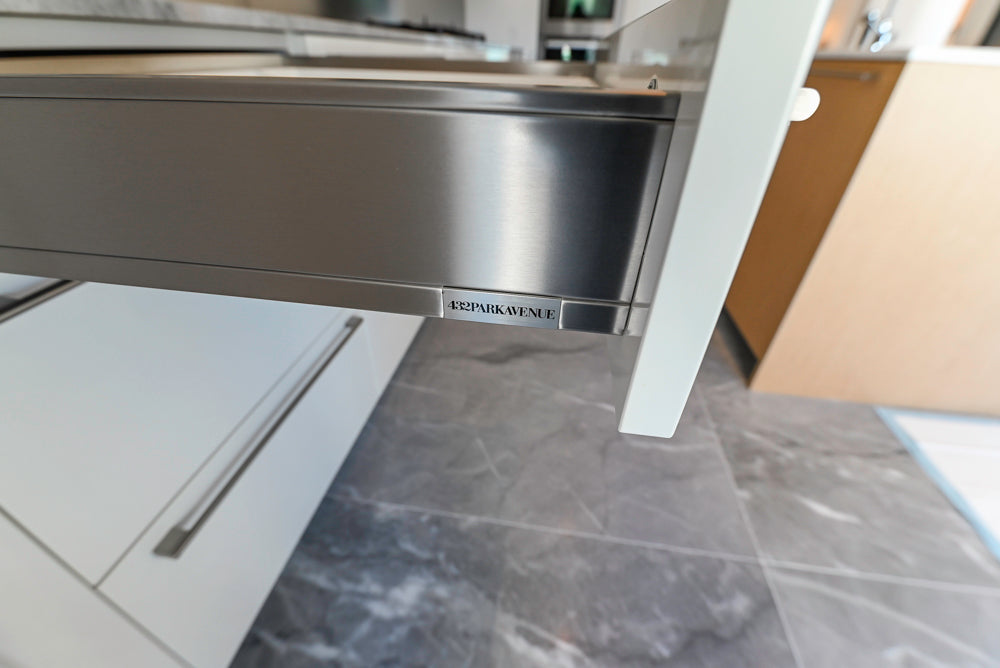 Aran Cucine Modern Glossy White Kitchen with Island, Marble Countertops & Miele Appliances