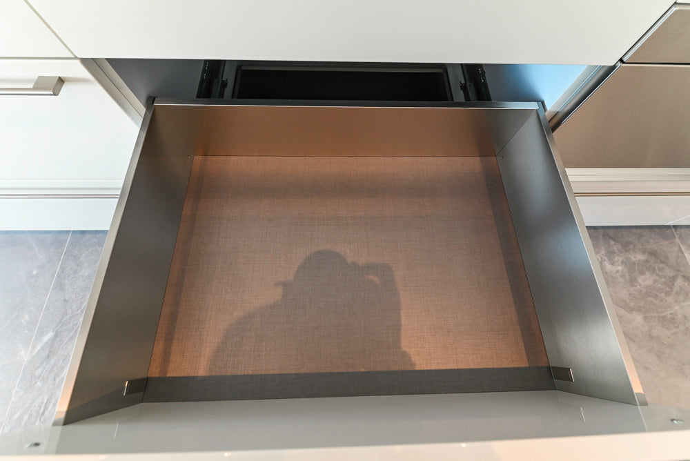 Aran Cucine Modern Glossy White Kitchen with Island, Marble Countertops & Miele Appliances