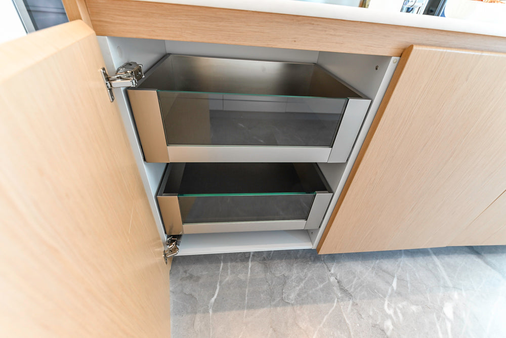 Aran Cucine Modern Glossy White Kitchen with Island, Marble Countertops & Miele Appliances