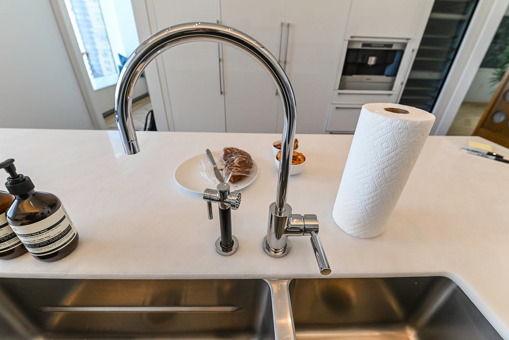 Aran Cucine Modern Glossy White Kitchen with Island, Marble Countertops & Miele Appliances