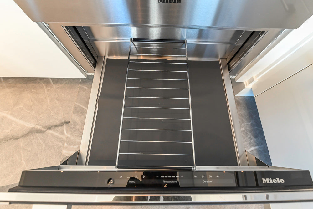 Aran Cucine Modern Glossy White Kitchen with Island, Marble Countertops & Miele Appliances