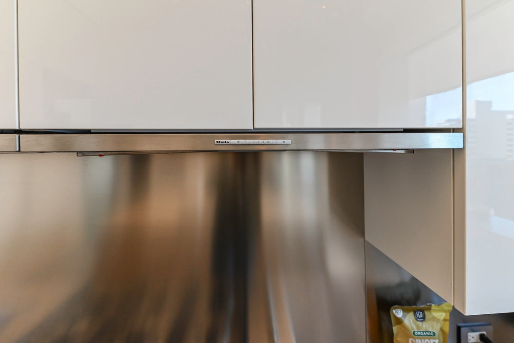 Aran Cucine Modern Glossy White Kitchen with Island, Marble Countertops & Miele Appliances