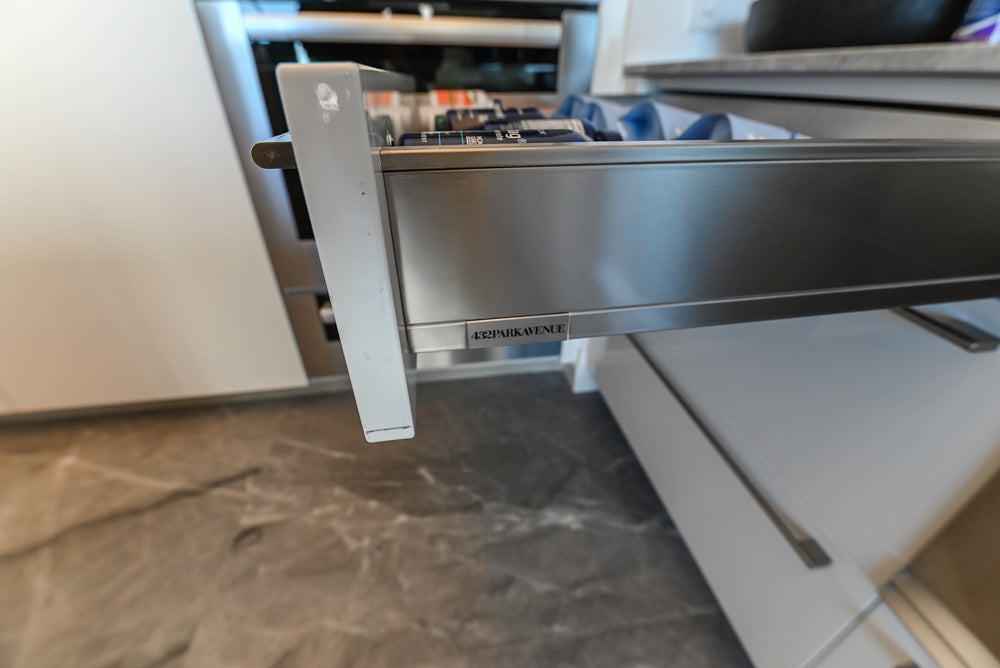 Aran Cucine Modern Glossy White Kitchen with Island, Marble Countertops & Miele Appliances