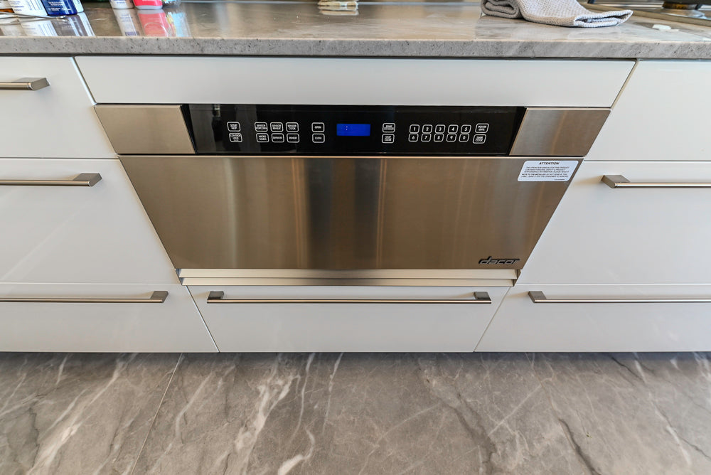 Aran Cucine Modern Glossy White Kitchen with Island, Marble Countertops & Miele Appliances