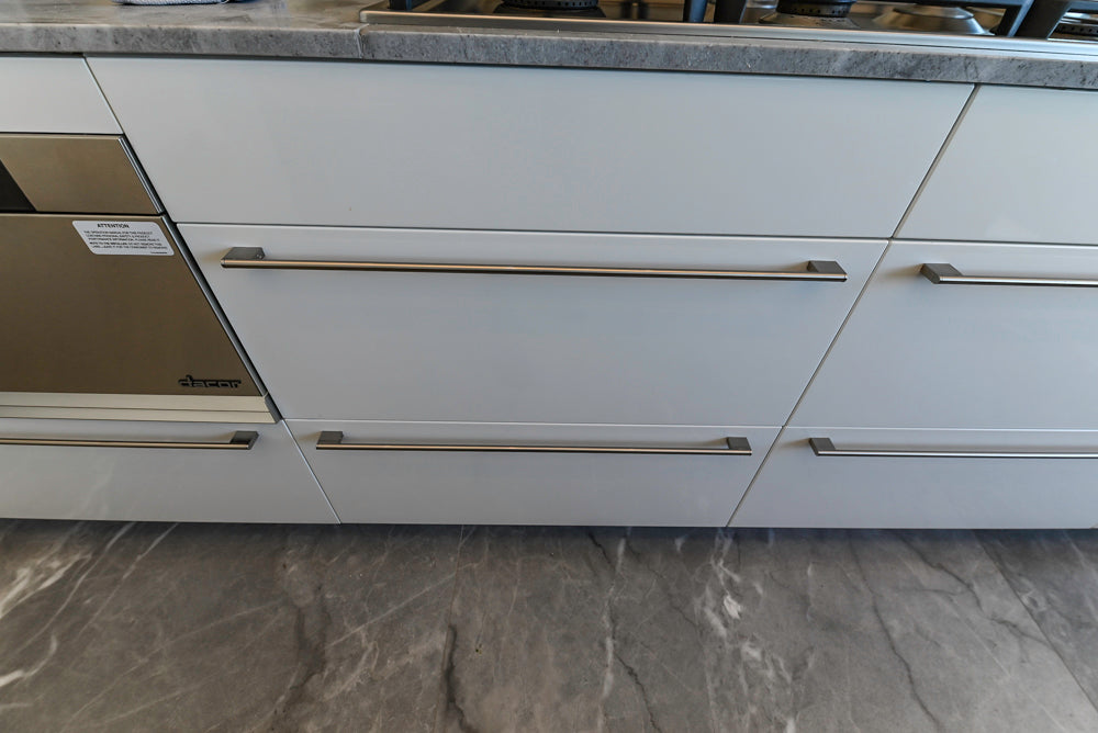 Aran Cucine Modern Glossy White Kitchen with Island, Marble Countertops & Miele Appliances