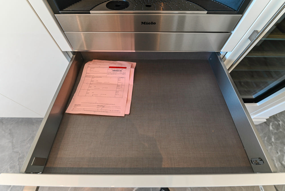 Aran Cucine Modern Glossy White Kitchen with Island, Marble Countertops & Miele Appliances