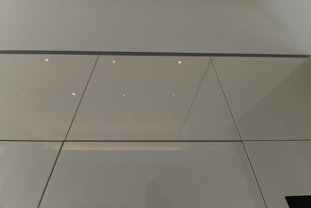 Aran Cucine Modern Glossy White Kitchen with Island, Marble Countertops & Miele Appliances