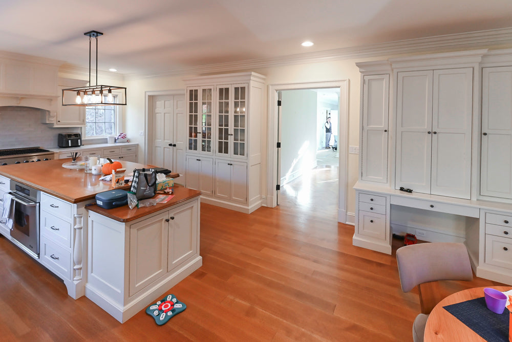 Traditional Large White Kitchen with Island, Desk Area & Appliances