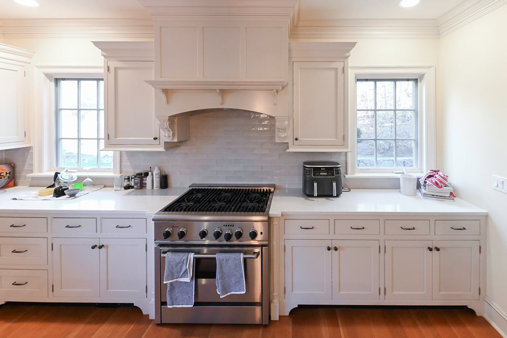 Traditional Large White Kitchen with Island, Desk Area & Appliances
