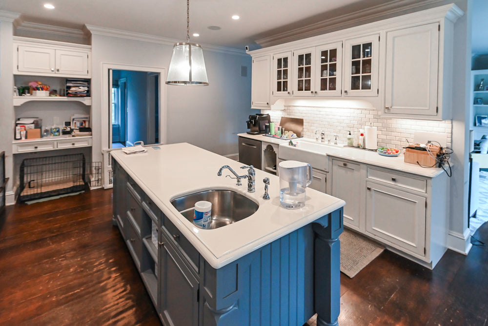Craft-Maid Custom Cabinetry Traditional White Kitchen with Grey Island and Appliances