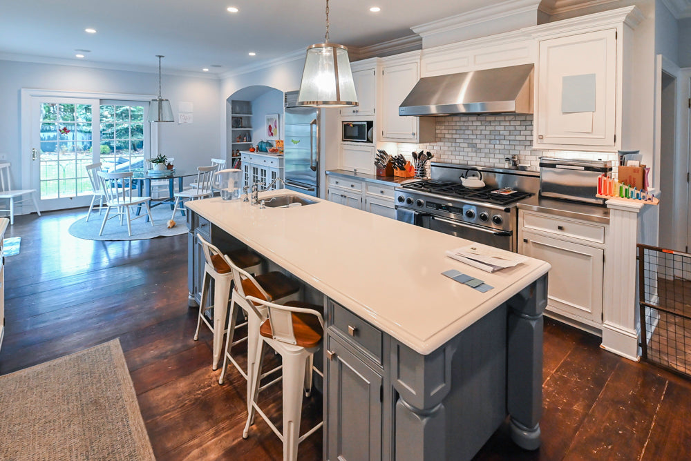 Craft-Maid Custom Cabinetry Traditional White Kitchen with Grey Island and Appliances