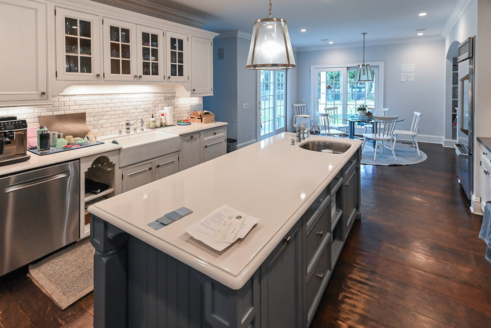 Craft-Maid Custom Cabinetry Traditional White Kitchen with Grey Island and Appliances