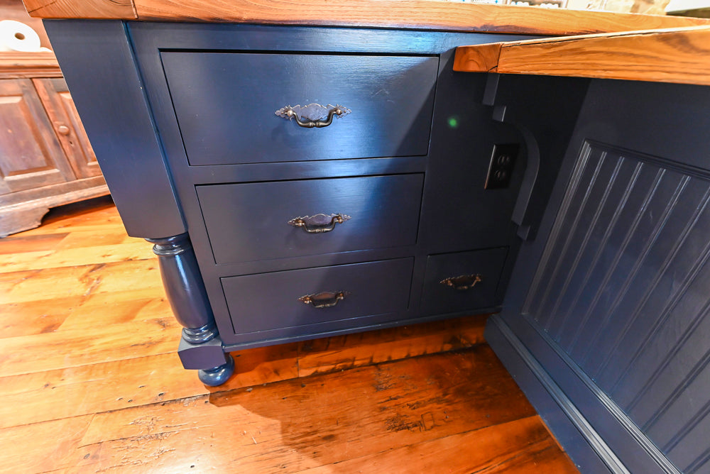 Rustic Traditional White & Navy Kitchen with Black AGA Range, Wood Top Island & Soapstone Countertops