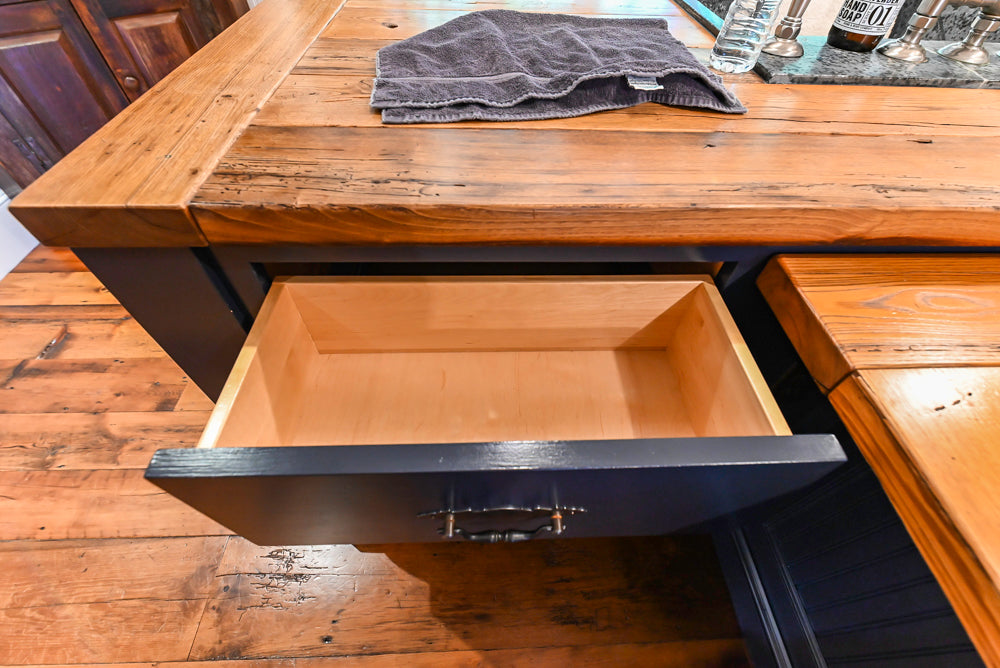 Rustic Traditional White & Navy Kitchen with Black AGA Range, Wood Top Island & Soapstone Countertops