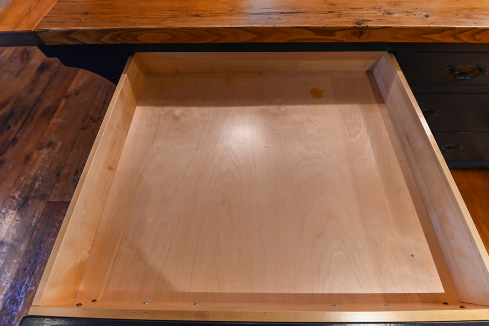 Rustic Traditional White & Navy Kitchen with Black AGA Range, Wood Top Island & Soapstone Countertops