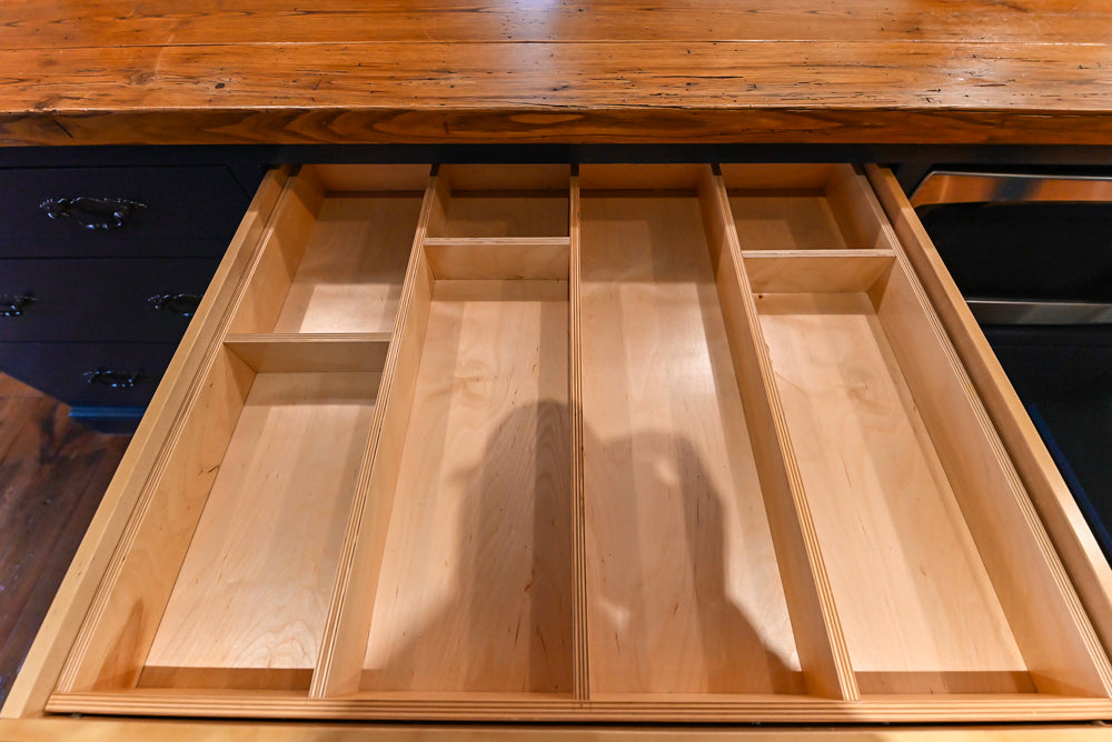 Rustic Traditional White & Navy Kitchen with Black AGA Range, Wood Top Island & Soapstone Countertops