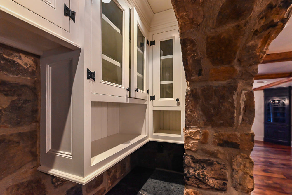 Rustic Traditional White & Navy Kitchen with Black AGA Range, Wood Top Island & Soapstone Countertops