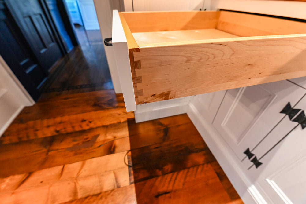 Rustic Traditional White & Navy Kitchen with Black AGA Range, Wood Top Island & Soapstone Countertops