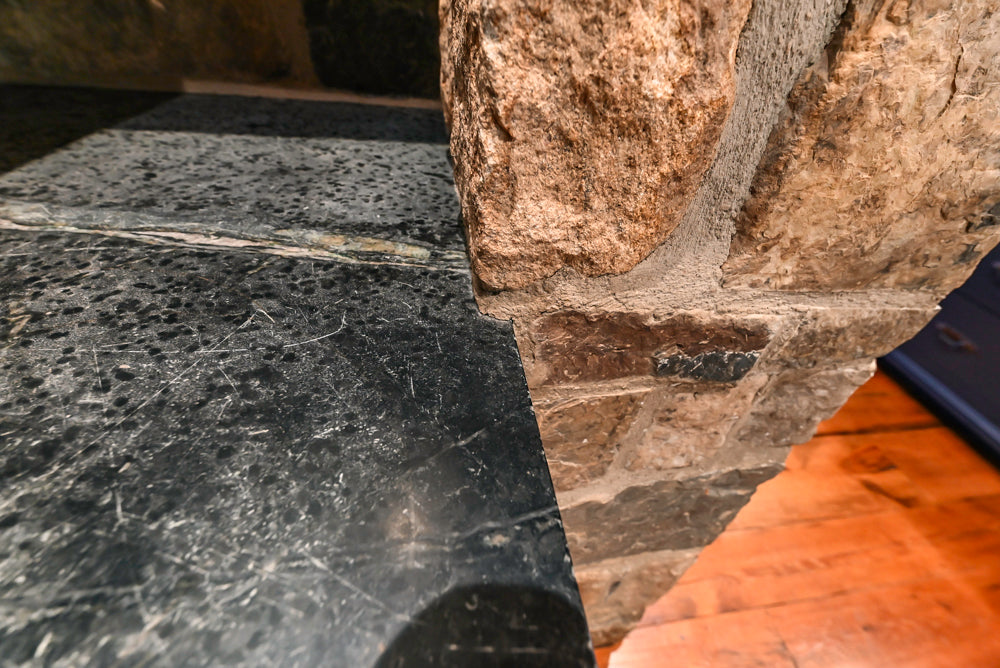 Rustic Traditional White & Navy Kitchen with Black AGA Range, Wood Top Island & Soapstone Countertops