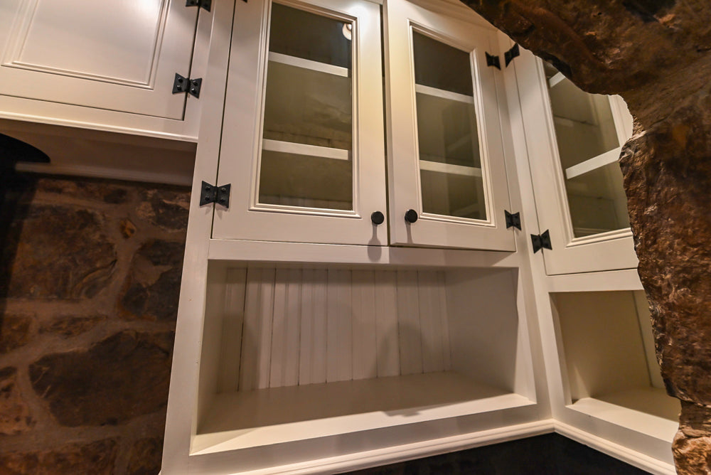 Rustic Traditional White & Navy Kitchen with Black AGA Range, Wood Top Island & Soapstone Countertops