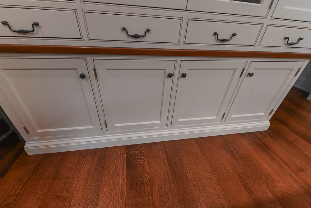 Large Traditional White Kitchen with Island, Stone Countertops & Desk Area