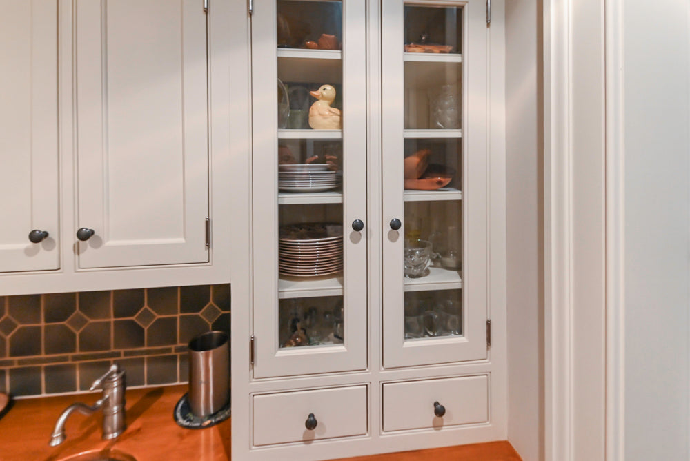 Traditional White Butler's Pantry with Prep Sink and Wood Countertops