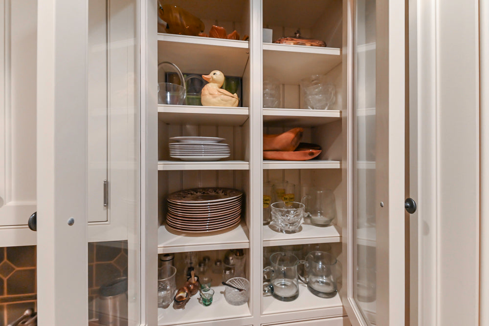Traditional White Butler's Pantry with Prep Sink and Wood Countertops