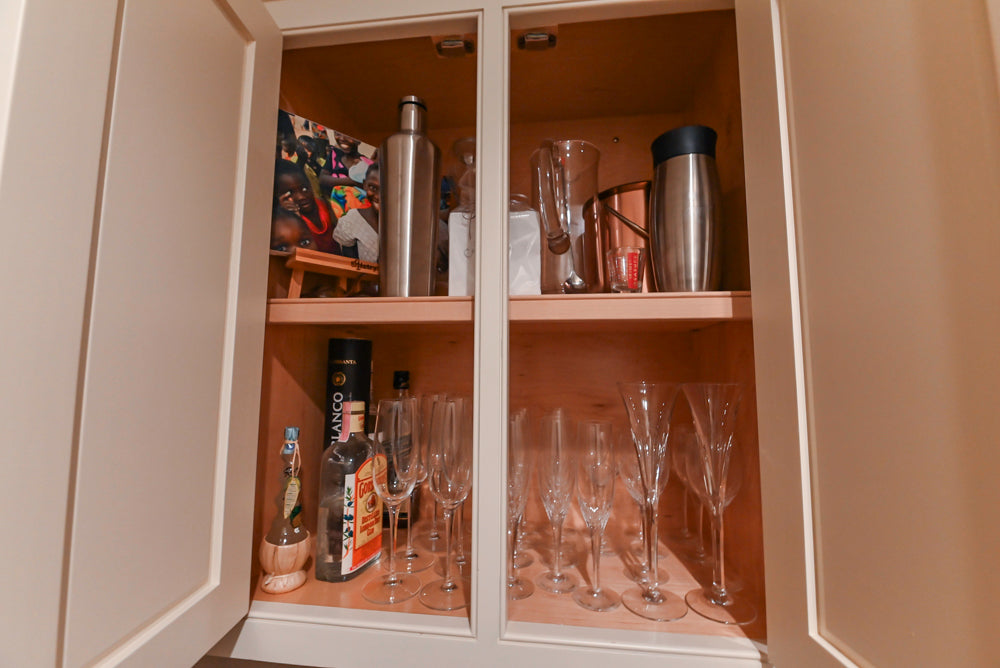 Traditional White Butler's Pantry with Prep Sink and Wood Countertops