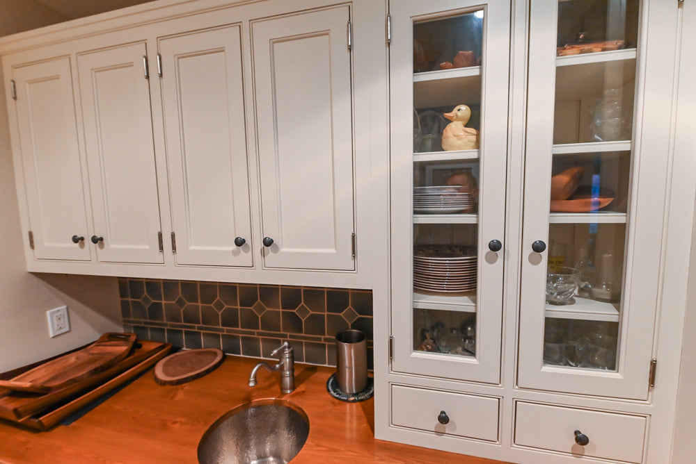 Traditional White Butler's Pantry with Prep Sink and Wood Countertops