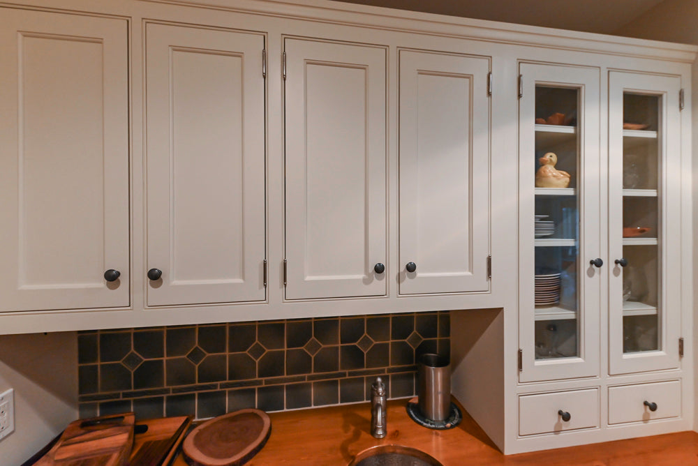 Traditional White Butler's Pantry with Prep Sink and Wood Countertops