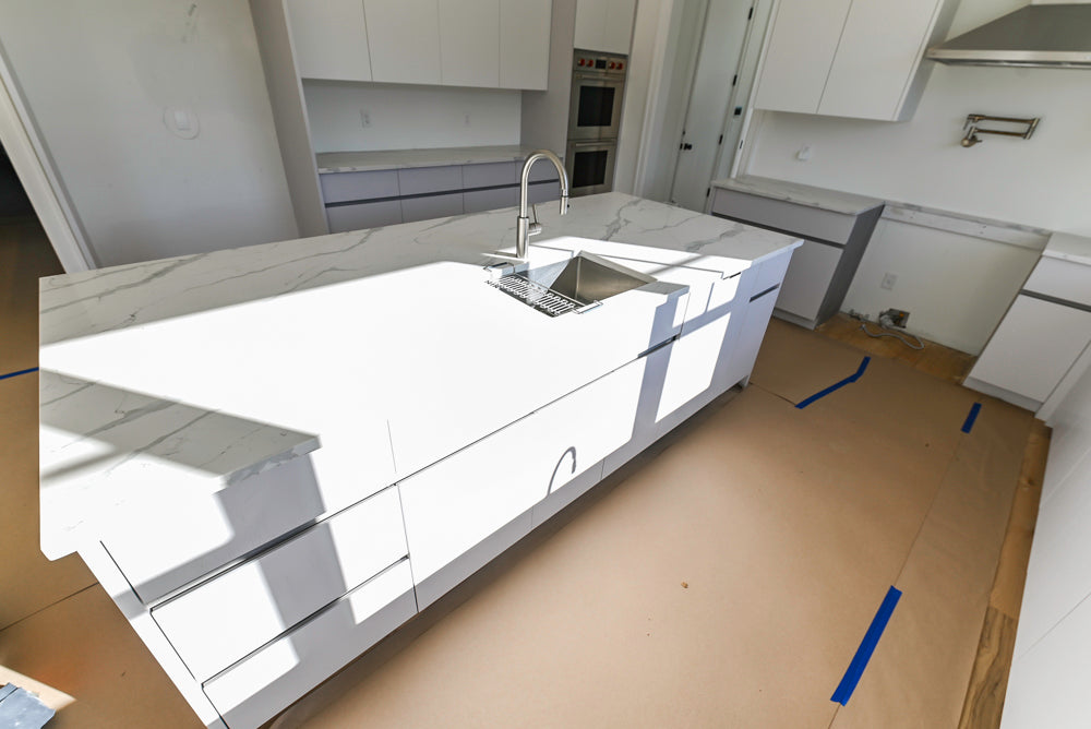 Large White Gloss Modern Kitchen with Island and Quartz Countertops