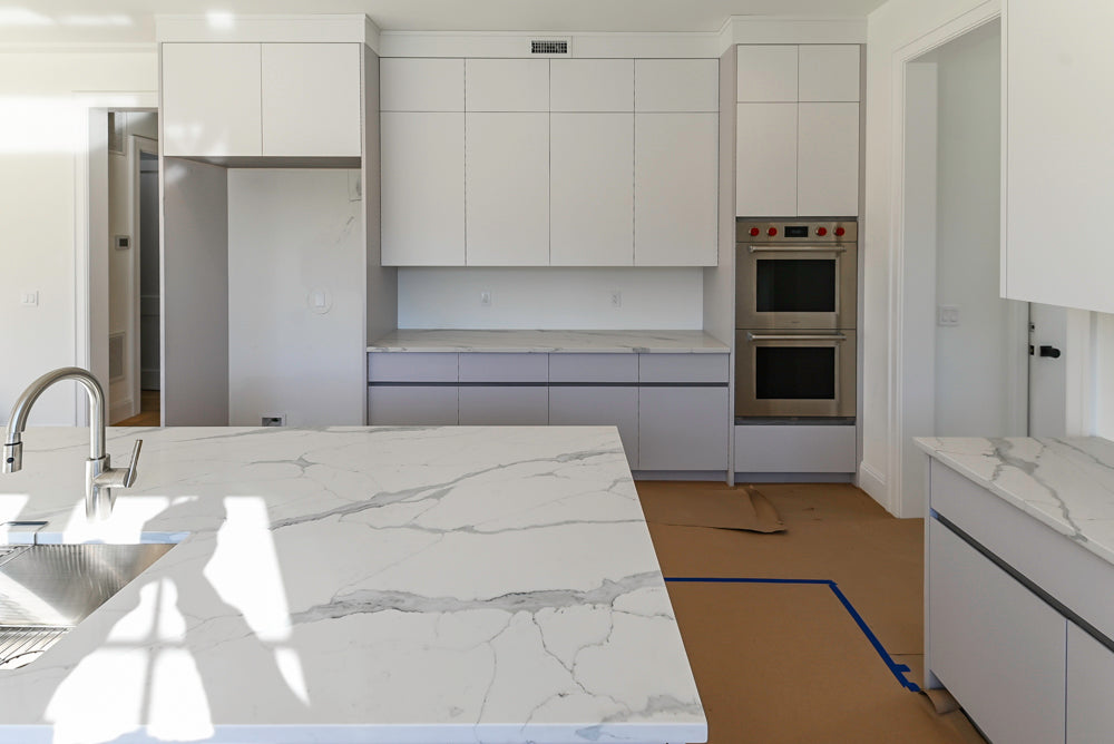 Large White Gloss Modern Kitchen with Island and Quartz Countertops