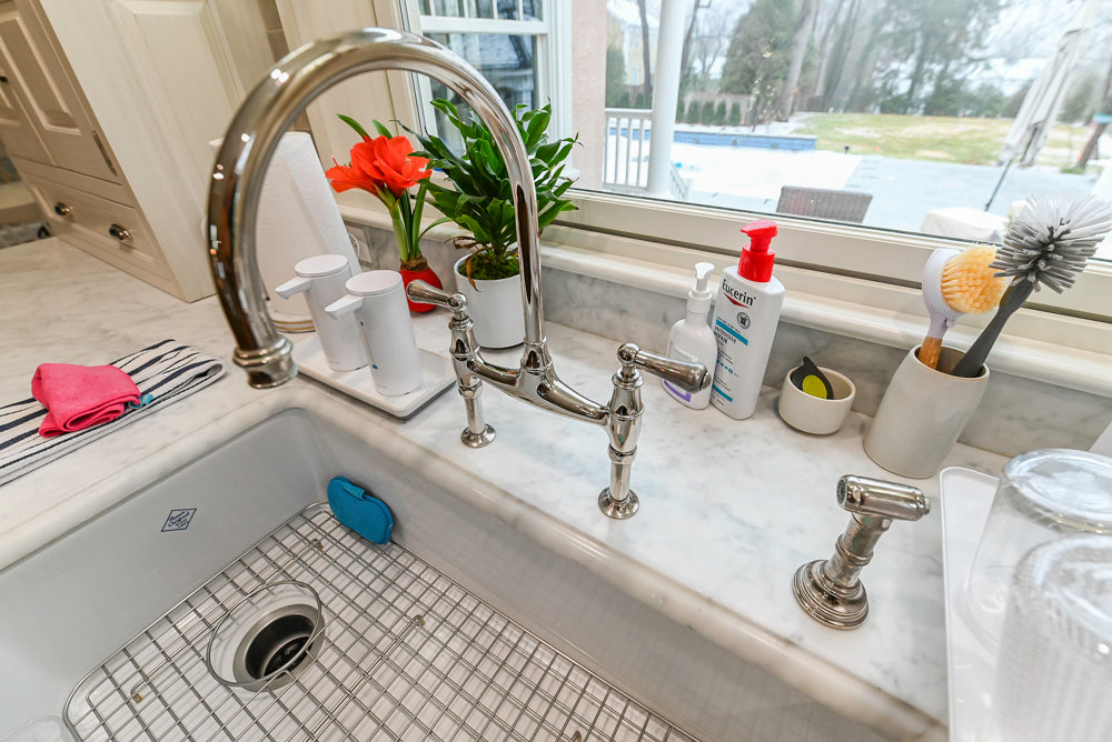 Canterbury Traditional White Kitchen with Island, Marble Countertops and La Cornue Range with Matching Hood