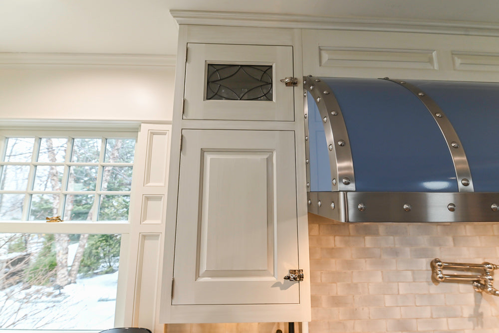 Canterbury Traditional White Kitchen with Island, Marble Countertops and La Cornue Range with Matching Hood