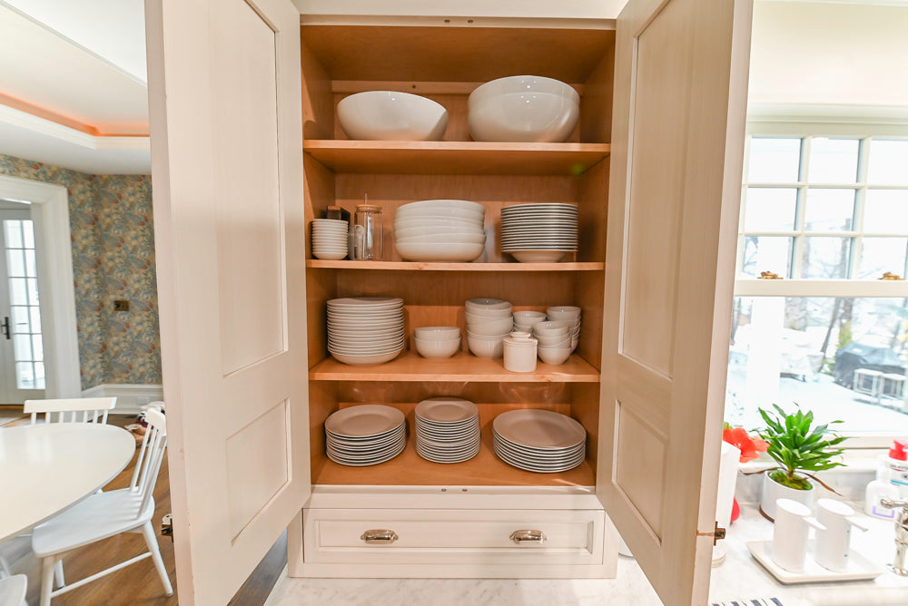 Canterbury Traditional White Kitchen with Island, Marble Countertops and La Cornue Range with Matching Hood