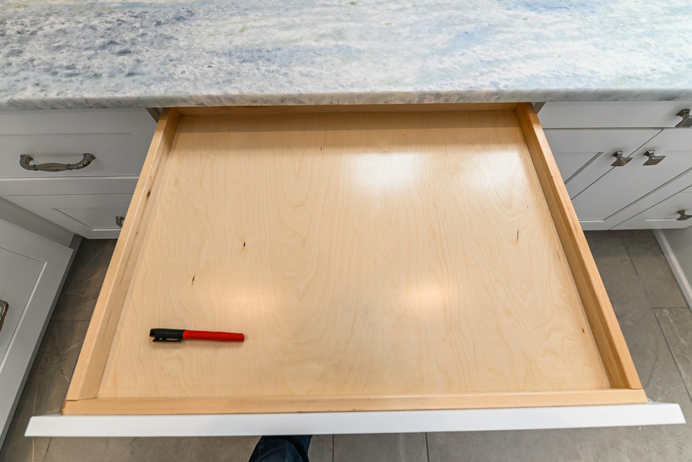 Traditional White Desk Area with Marble Countertops