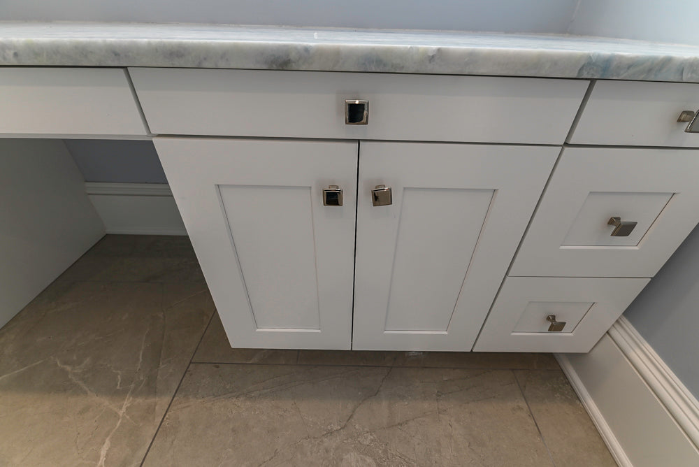 Traditional White Desk Area with Marble Countertops