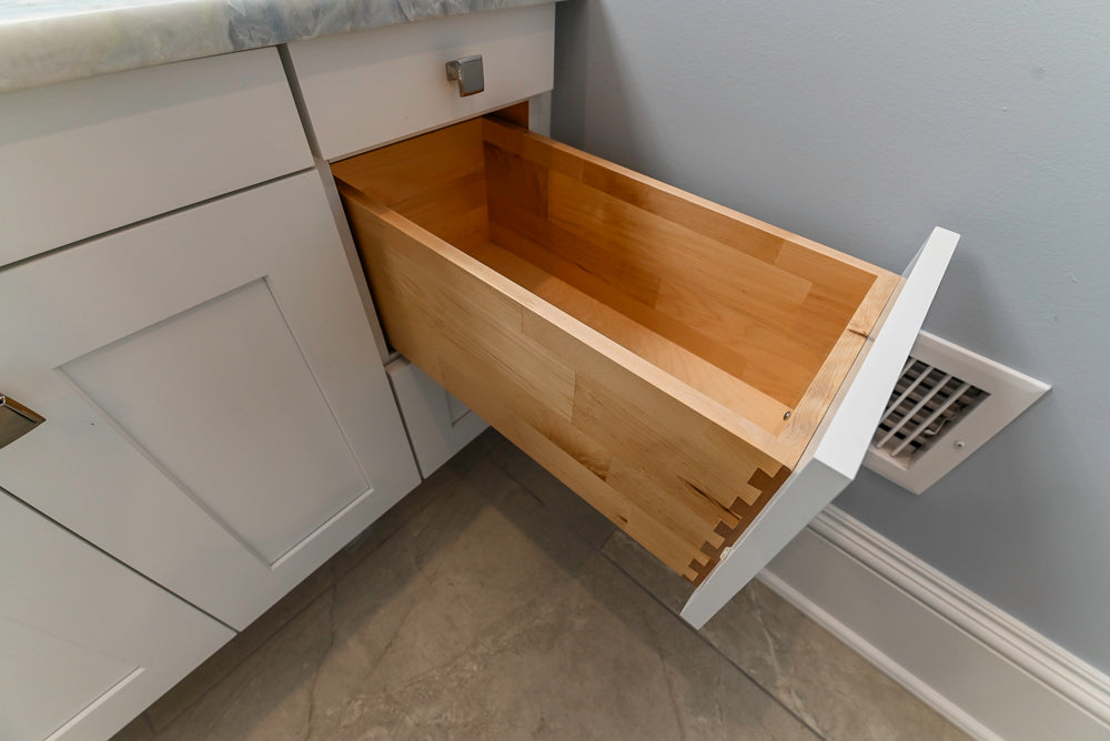 Traditional White Built-In Desk Area with Marble Countertops