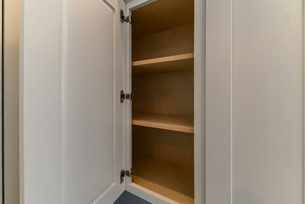 Traditional White Built-In Desk Area with Marble Countertops