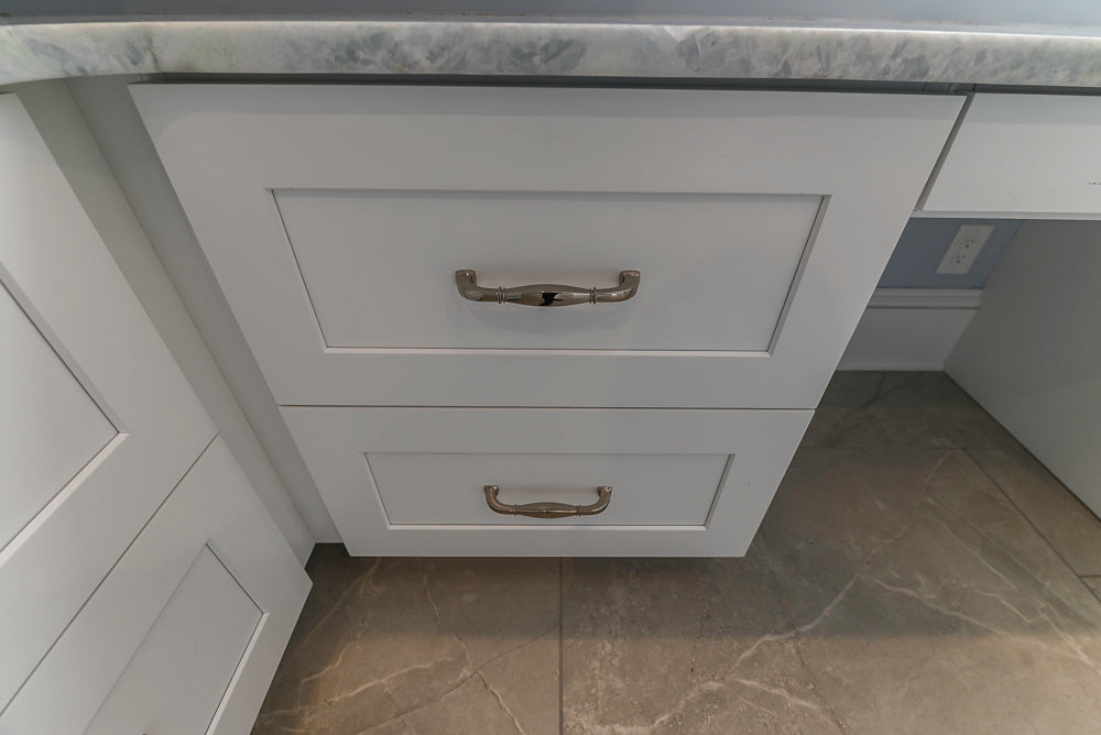 Traditional White Desk Area with Marble Countertops