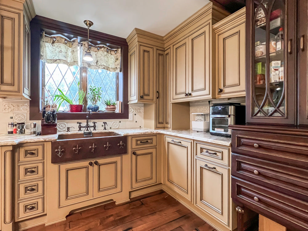 Traditional Creamy Brown Kitchen with Island, Marble Countertops and Appliances