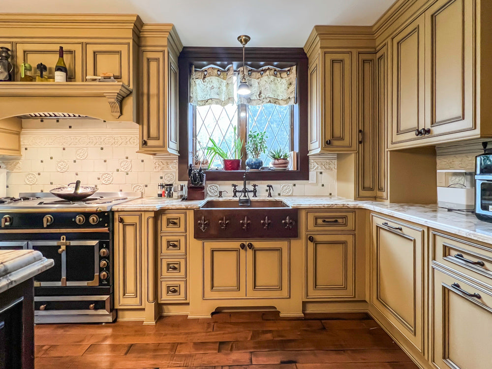 Traditional Creamy Brown Kitchen with Island, Marble Countertops and Appliances