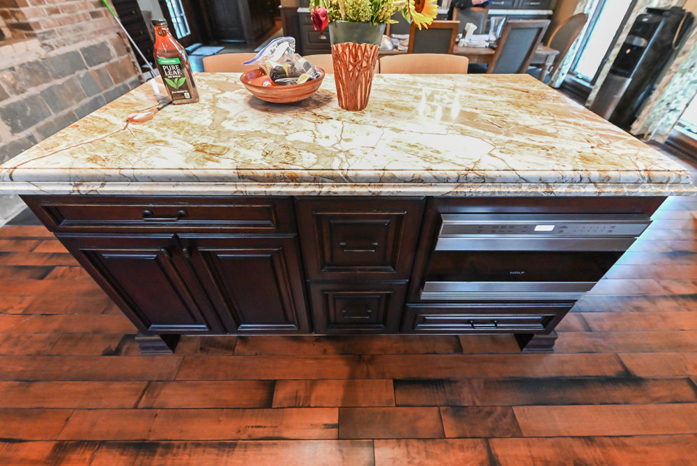 Traditional Creamy Brown Kitchen with Island, Marble Countertops and Appliances