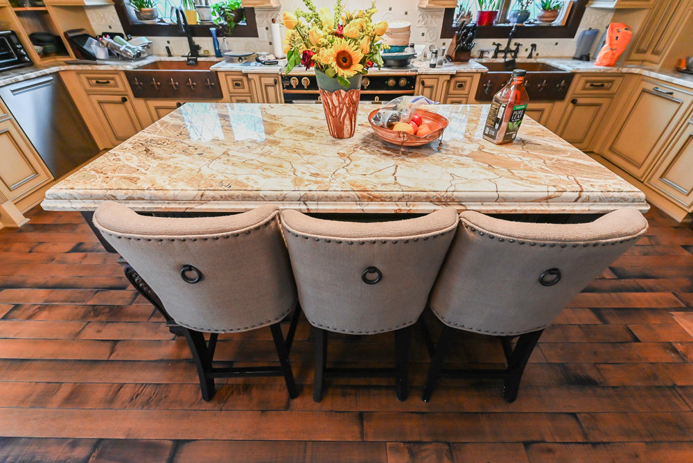 Traditional Creamy Brown Kitchen with Island, Marble Countertops and Appliances
