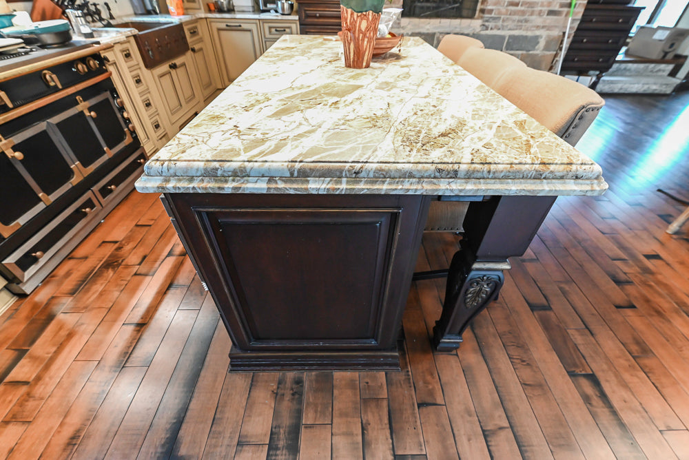 Traditional Creamy Brown Kitchen with Island, Marble Countertops and Appliances