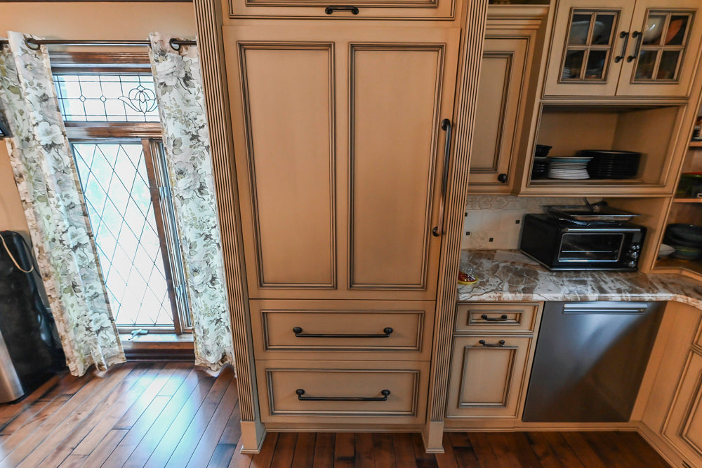 Traditional Creamy Brown Kitchen with Island, Marble Countertops and Appliances