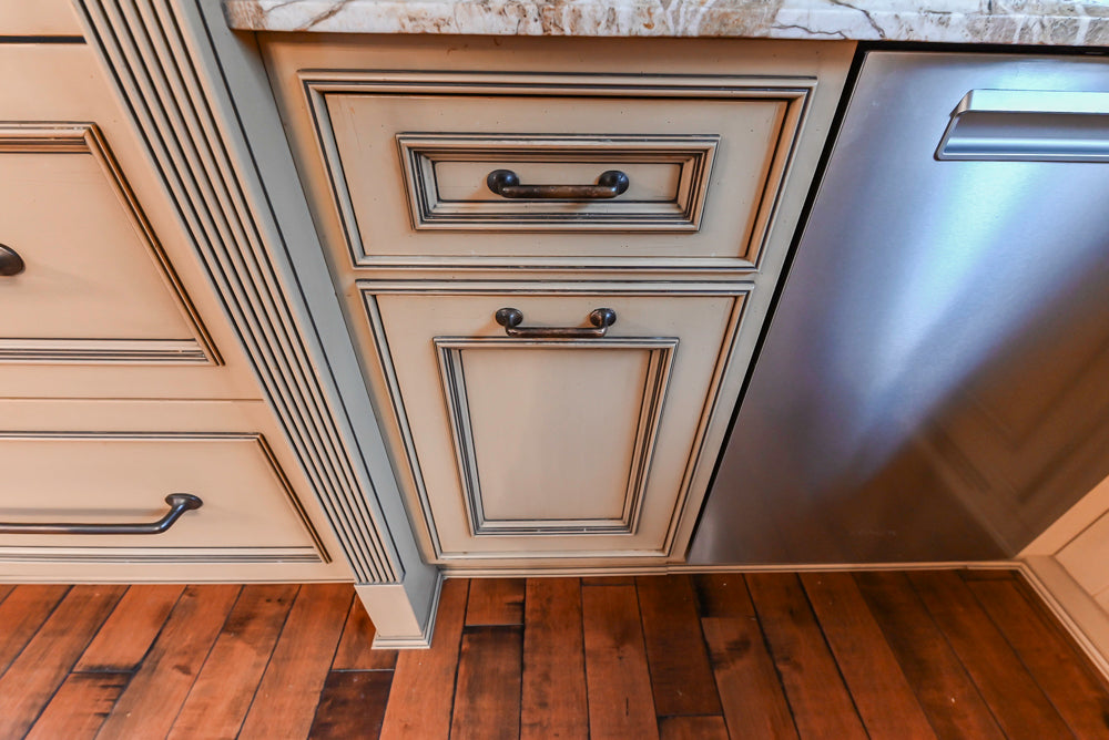 Traditional Creamy Brown Kitchen with Island, Marble Countertops and Appliances